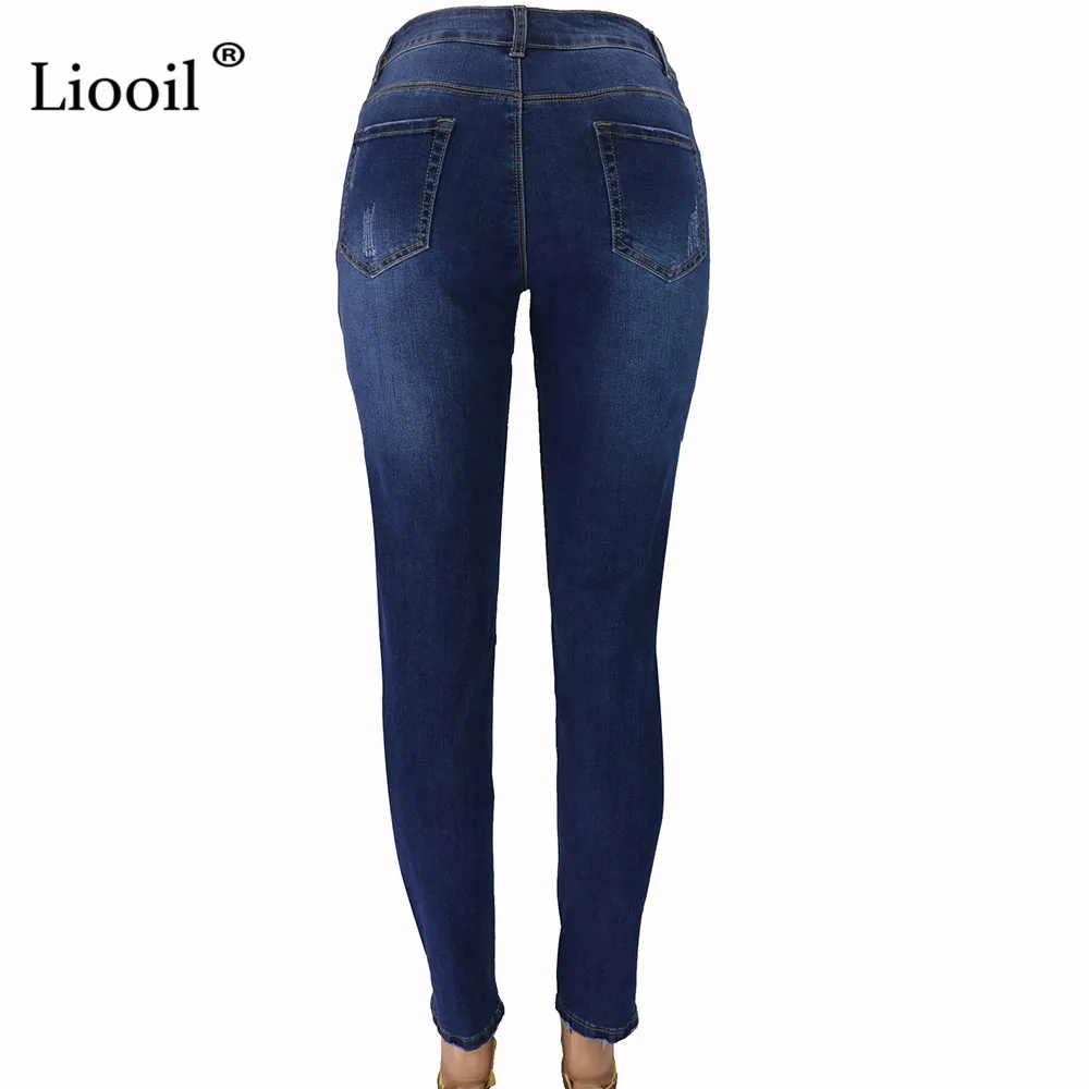 Liooil, Синие сексуальные Эластичные Обтягивающие джинсы, рваные джинсы для женщин с дырками и высокой талией, узкие брюки, джинсовые брюки