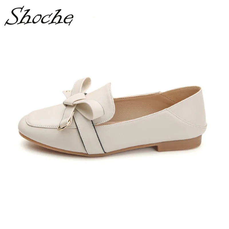 Apricot Shoche Plus Size Flat Shoes Women Working Shoes Casual Office Slip-On Black Apricot Flats Ladies Loafers 35-42 - Цвет: Apricot