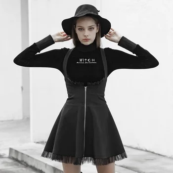 

PUNK RAVE Women Gothic Velvet Trim Embroidered T-shirt Slim Fit Warm High Collar Long Sleeve Top