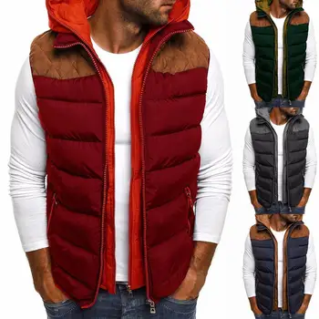 

Autumn Winter Vest Men Color Block Zipper Sleeveless Hooded Cotton Jacket Vest Coat Keep Warm Padded Vests Coat пуховик мужской