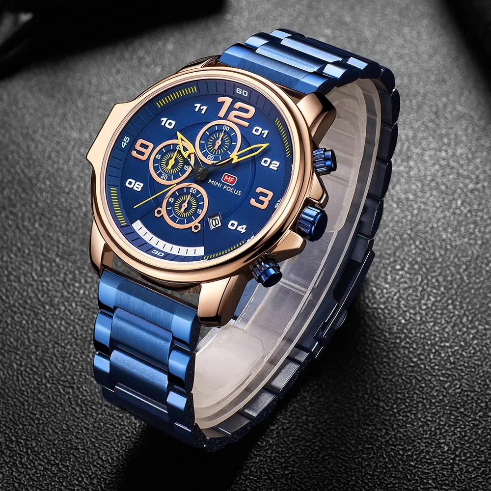 

MINIFOCUS Military Blue Mens Watches Top Brand Luxury Waterproof Sport Chronograph Quartz Watch Stainless Steel Strap Wristwatch
