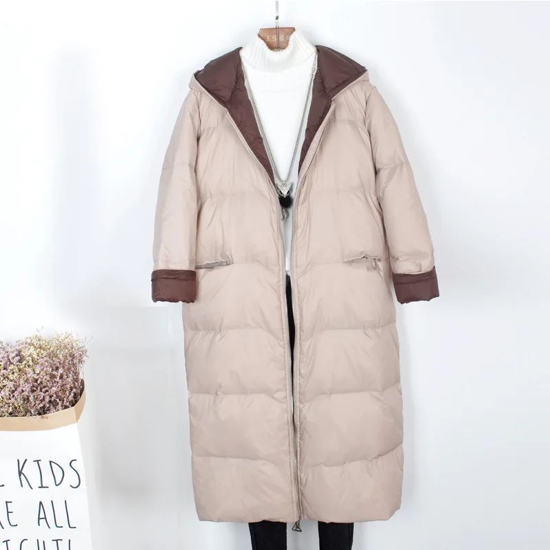 Hooded Beige Женское зимнее длинное пальто с длинным рукавом светильник на белом утином пуху женское свободное теплое длинное пальто Casaco Feminino парки свободного покроя - Цвет: Hooded Beige