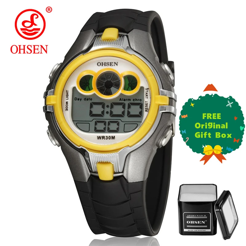 yellow and gift box OHSEN, спортивные часы, модные, для улицы, мужские, многофункциональные часы, будильник, цифровой, светодиодный, водонепроницаемые, для детей, подарок, часы, reloj hombre 0739 - Цвет: yellow and gift box