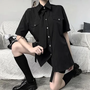 

Kinikiss School Gothic Shirt Women Japaneses Chic Tie Black Shirts 2020 Streetwear Harajuku Girl Summer Tops Loose Pockets