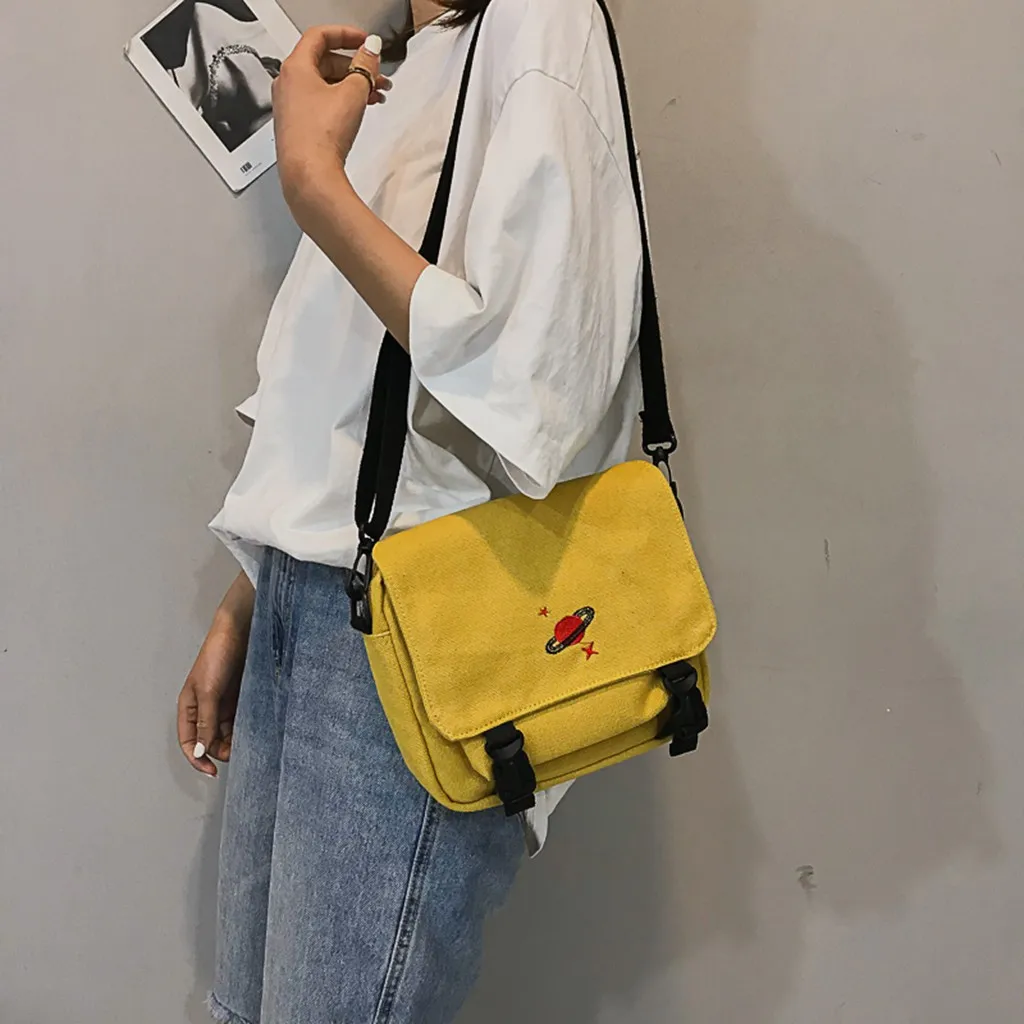New Women's Messenger Bag Embroidered Planet Canvas Handbag Buckle Creative Cartoon Shoulder Bag Mobile Phone Coin Purse
