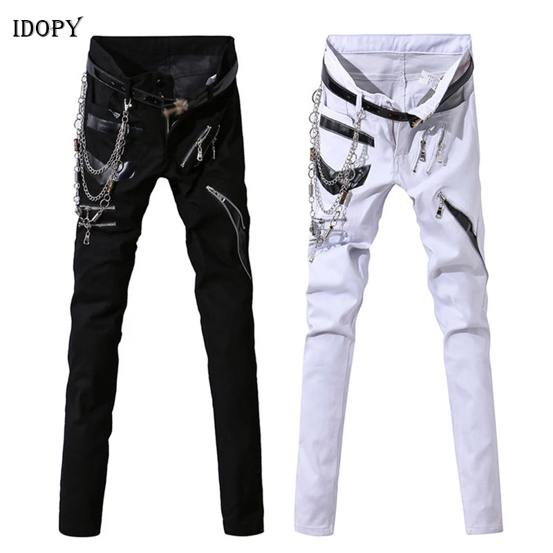 

Idopy Men Hip Hop Jeans With Chain Patchwork Leather Punk Gothic Party Stage Multi Zippers Night Club Pants For Man