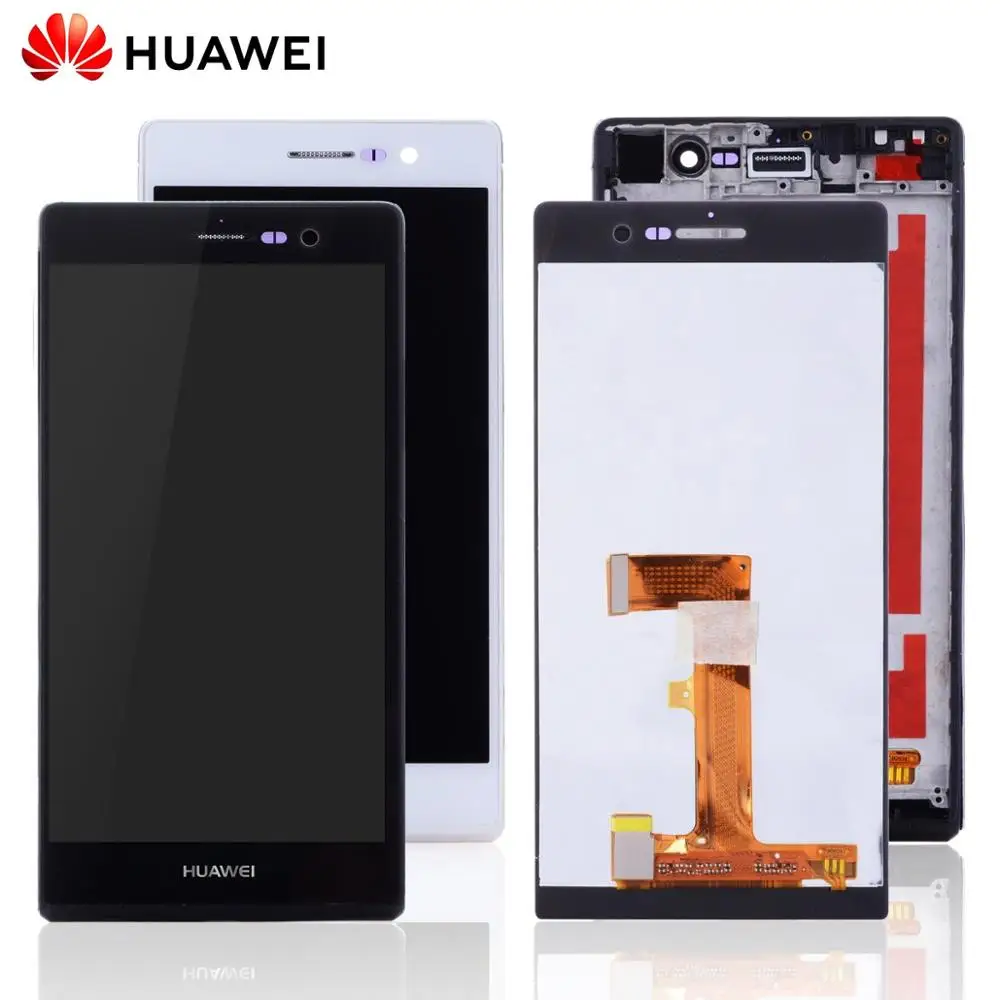 Pаспродажа Дисплей для HUAWEI P7 font b LCD b font в сборе с тачскрином на рамке Оригинал 5.0 черный белый