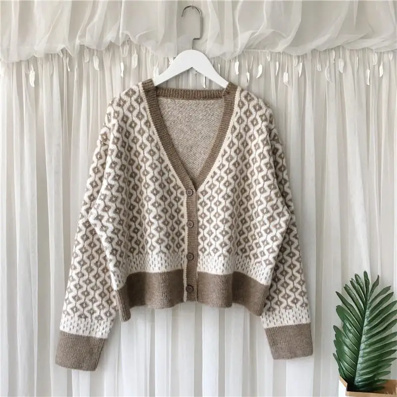^Cheap Fall Winter Women Casual Oversized Cardigan V Neck Thick Warm Plaid Cardigan Long Sleeve Loose Knitted Sweater Coat