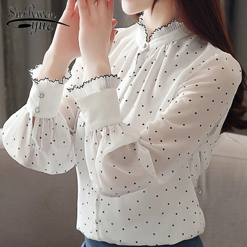 LOPILY Chiffon Elegant Top Polka Dot Front Twist Blouse Puff Sleeve Long Sleeve Stand Collar Shirt Pullover Tops for Women LOPILY Chiffon Elegant Top Polka Dot Front Twist Blouse Puff Sleeve Long Sleeve Stand Collar Shirt Pullover Tops for Women