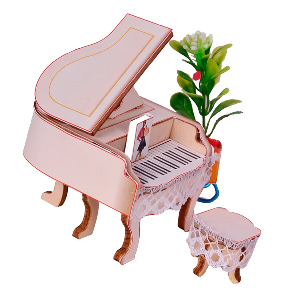 Dollhouse Musical Instruments Model, Piano with Stool Set, 1/24 Scale Dolls House Musical Room Furnishings