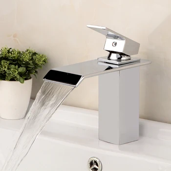 

Bathroom Chrome Basin Faucet Waterfall Deck Mounted Cold and Hot Water Mixer Tap Brass Chrome Vanity Vessel Faucet