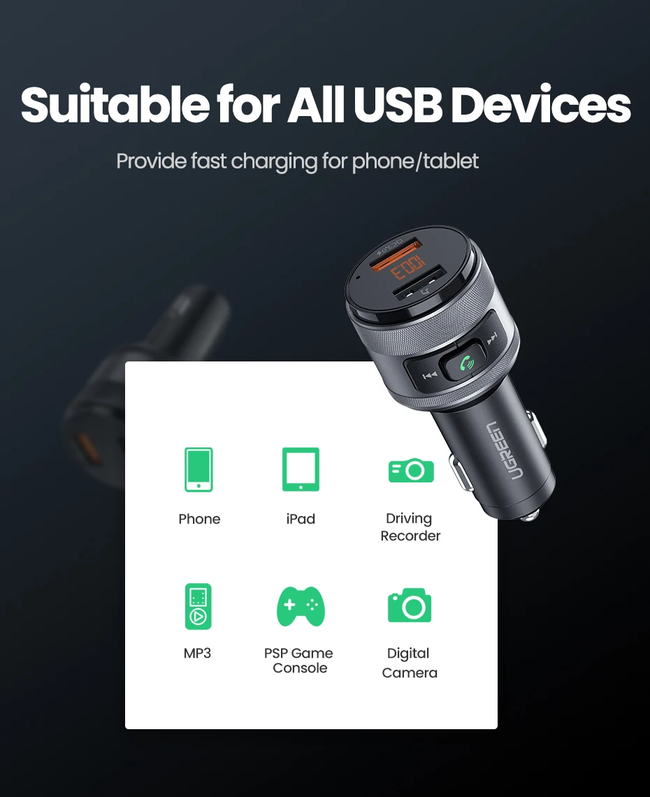 Fast Charger USB Car Charger Bluetooth FM Transmitter QC For IOS & Android