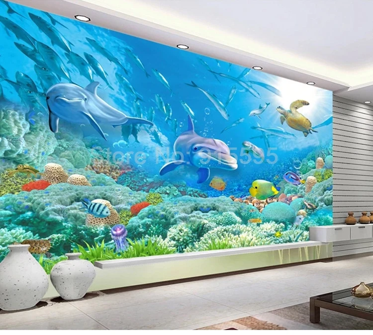 Custom Photo Underwater World 3D Dolphin Turtle Fish Coral Family Mural Living Room TV Background Wallpaper For Bedroom Walls 3D