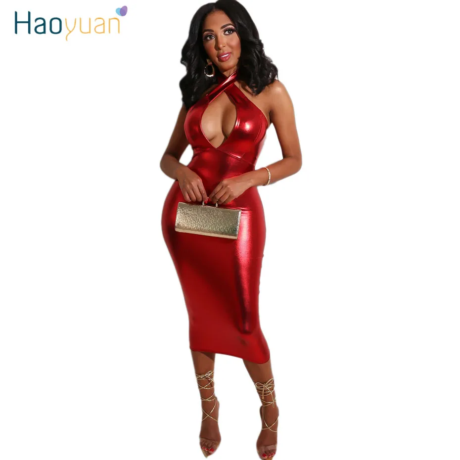 HAOYUAN, сексуальное, золотое, яркое, с открытыми плечами, Холтер, облегающее, миди платье, женская одежда, элегантная посылка, бедра, открытая спина, вечерние, Клубные платья