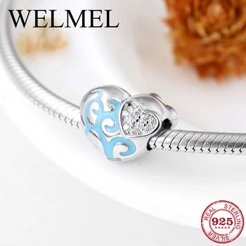 

925 Sterling Silver Blue Tree of life Embedded Crystal CZ Heart beads jewelry making Fit Original Pandora Charm Bracelets Bangle