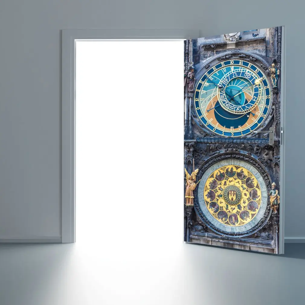 

2pcs Prague Square Clock Tower Art Mural PVC Door Wall Stickers