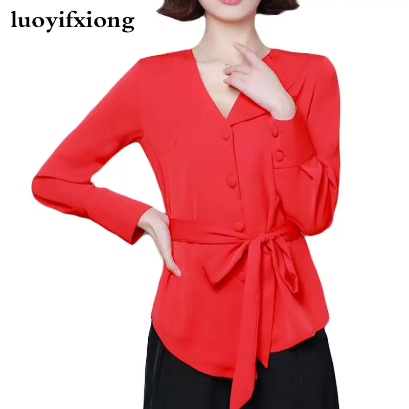 Women Blouses Long Sleeve Fashion V-neck Sashes Kimono Cardigan Korean Blouse Women Shirts Plus Size Womens Tops and Blouses