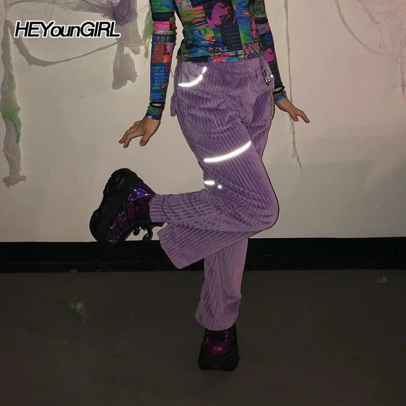 HEYounGIRL Reflective Strips Purple Corduroy Pants Capris Casual High Waist Trousers Pockets Solid Loose Pants Streetwear Autumn HEYounGIRL Reflective Strips Purple Corduroy Pants Capris Casual High Waist Trousers Pockets Solid Loose Pants Streetwear Autumn