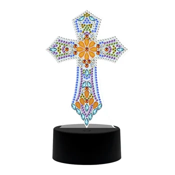 

Handmade Cross Shape Embroidery DIY Bedside Lamp Crafts With LED Night Light Diamond Painting Kit 5D Drill Home Decor Artwork