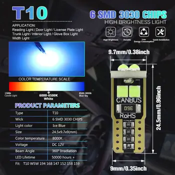 

6SMD Bulb W5W LED Car Wedge Reading License 3030 Chips ​10pcs Interior