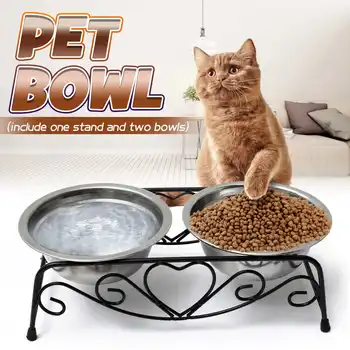 

Double Feeder Dishes Pet Cat Dog Puppy Food and Water Dish Bowls with Retro Iron Stand Stainless Steel