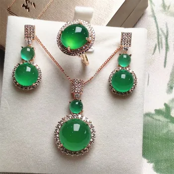 

2020 925 Sterling Silver Jewelry sets Natural Green Jade Rose Gold Necklace/Earrings/Ring Women Fine Jewelry Christmas gift