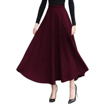 

New Winter Womens Faux Wool Solid Color Pleated Flared Swing Maxi Long A-Line Skater Skirt