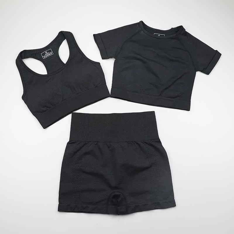 

Seamless Yoga Set Women Gym Workout Clothes Sports Bra+Short Sleeve Fitness Crop Top+High Waist Legging Shorts 3Pcs Sports Suits