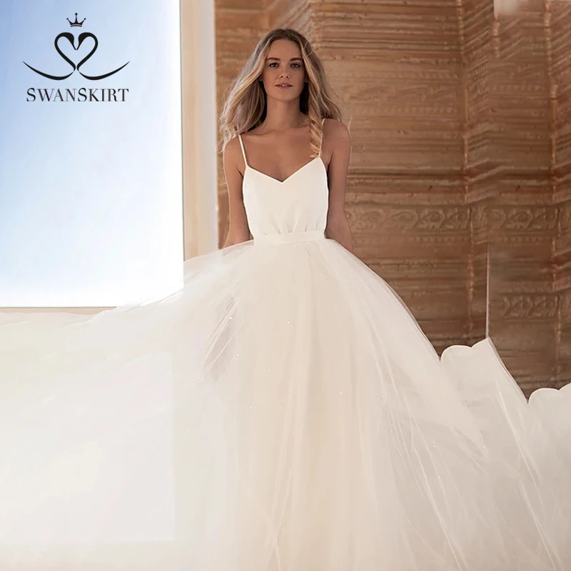 Бохо свадебное платье с жемчугом Swanskirt HZ22 Мода 2 в 1 тюль А-силуэт суд Поезд Принцесса Свадебное Платье Иллюзия Vestido de Noiva