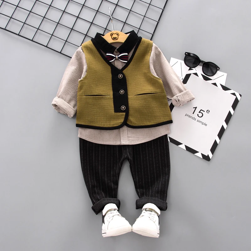 Весенний комплект одежды из 3 предметов для маленьких мальчиков, жилет+ рубашка+ штаны, Костюм Джентльмена для маленьких мальчиков, спортивные костюмы для малышей, комплекты костюмов