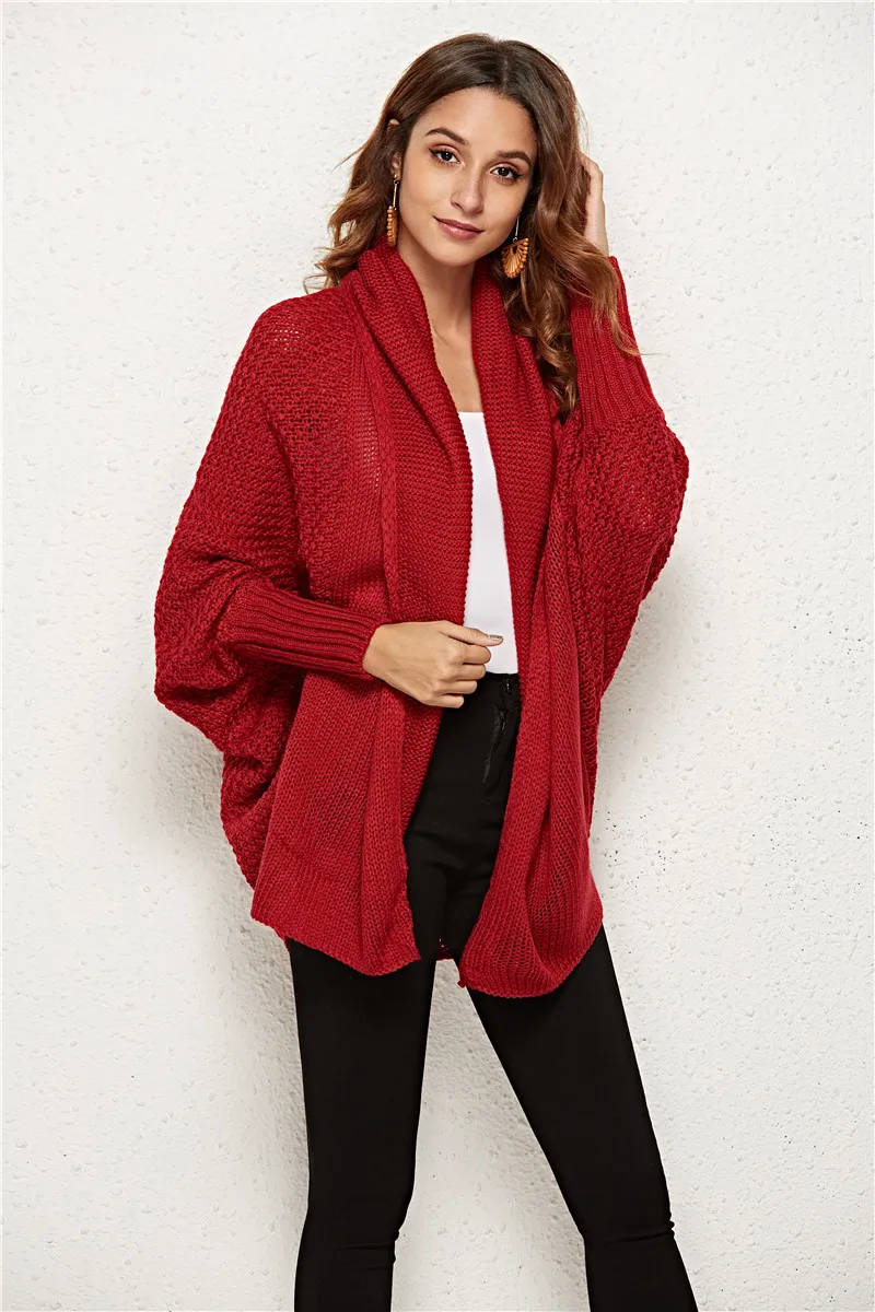 Осенне-зимний свитер, кардиган, женская повседневная одежда, рукав летучая мышь, свободный длинный вязаный кардиган, женский джемпер, пальто, однотонный цвет - Цвет: Красный