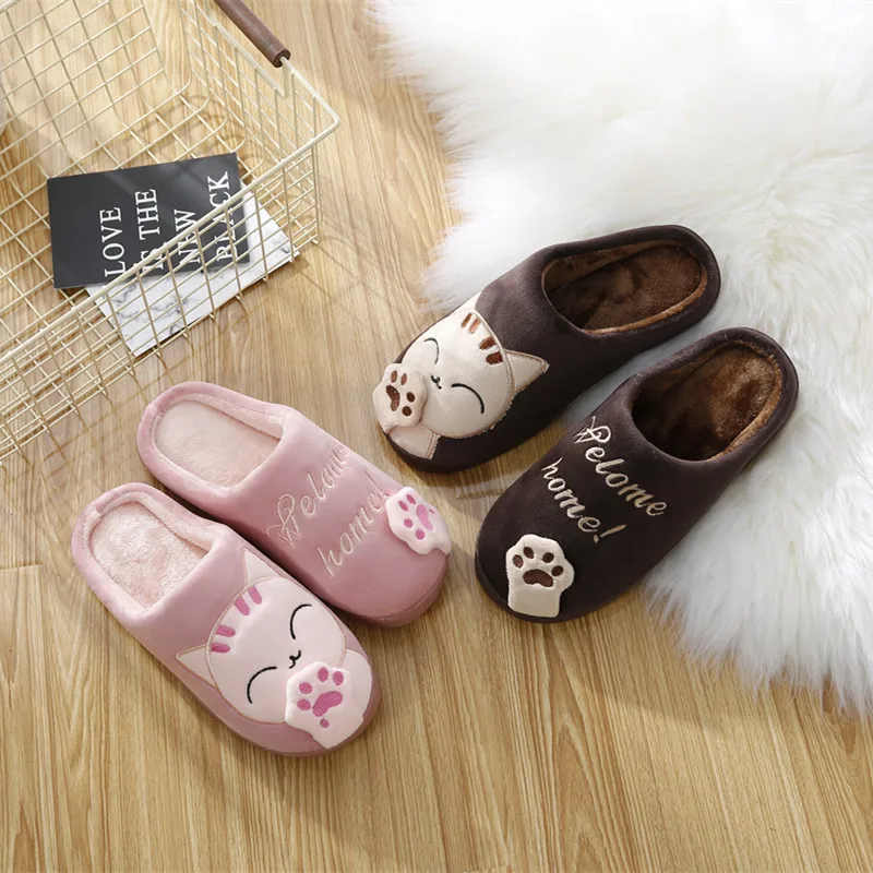 Women Winter Home Slippers Unisex Cartoon Cat Shoes Non-slip Soft