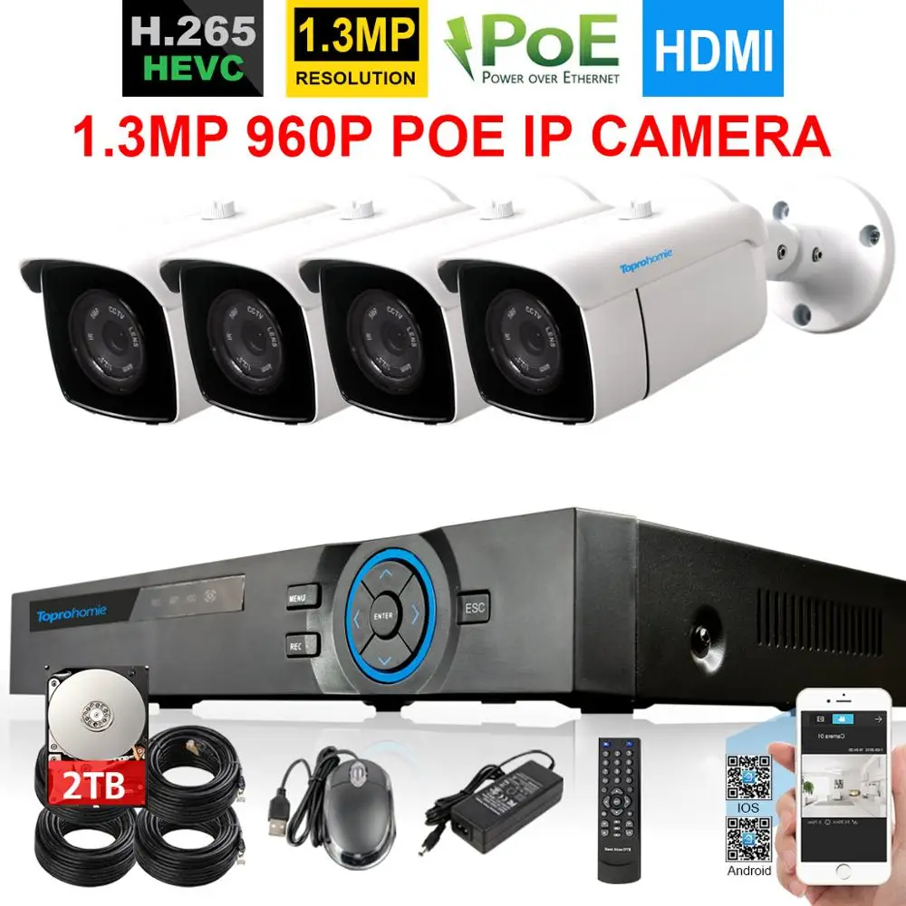 TOPROHOMIE H.265+ 4CH POE система NVR 48 в 960P день ночное аудио запись Водонепроницаемый комплект ip-камеры 4CH камера видеонаблюдения