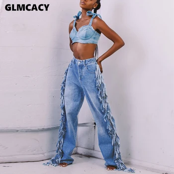 

Women Plus Size Tassel Design High Waist Wide Leg Denim Jeans Distress Solid Blue Over Size Loose Style Jeans
