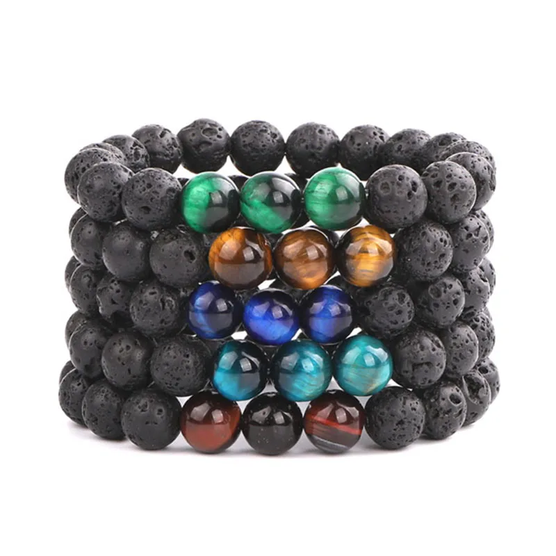 Simple Design 10mm Lava Rock Beads A Grade Natural Tiger Eye Stone Beaded Stretch Bracelet Bangle For Men