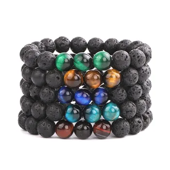 Simple Design 10mm Lava Rock Beads A Grade Natural Tiger Eye Stone Beaded Stretch Bracelet Bangle For Men