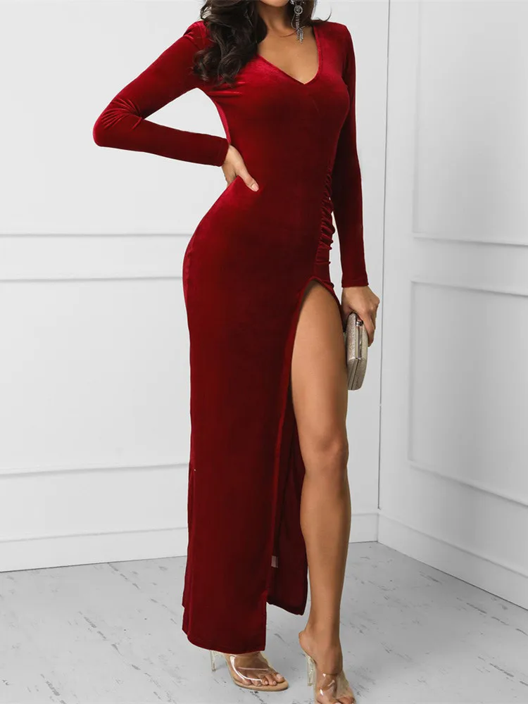 Yesexy Sexy V Neck Long Sleeve Velvet High Split Women Maxi Dress Solid Color Autumn Elegant Female Party Dresses MQ107
