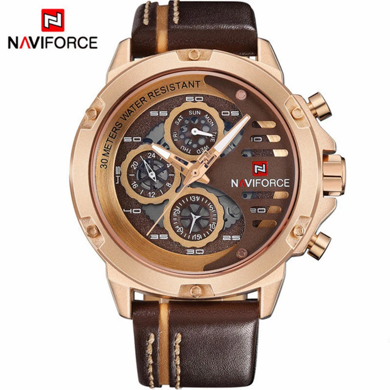 Rose Gold NAVIFORCE мужские часы модные повседневные кварцевые роскошные часы день и Дата дисплей наручные часы кожа Водонепроницаемый Relogio Masculino - Цвет: Rose Gold