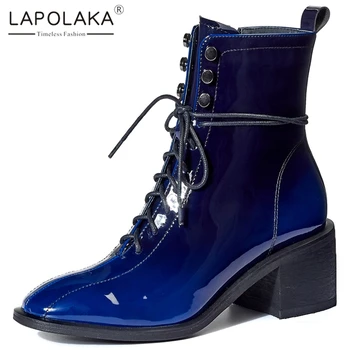 

Lapolaka New Fashion Lace-up Chunky Heels Women's Ankle Boots Cool Bright Patent Leather Shoes Woman Boots Female