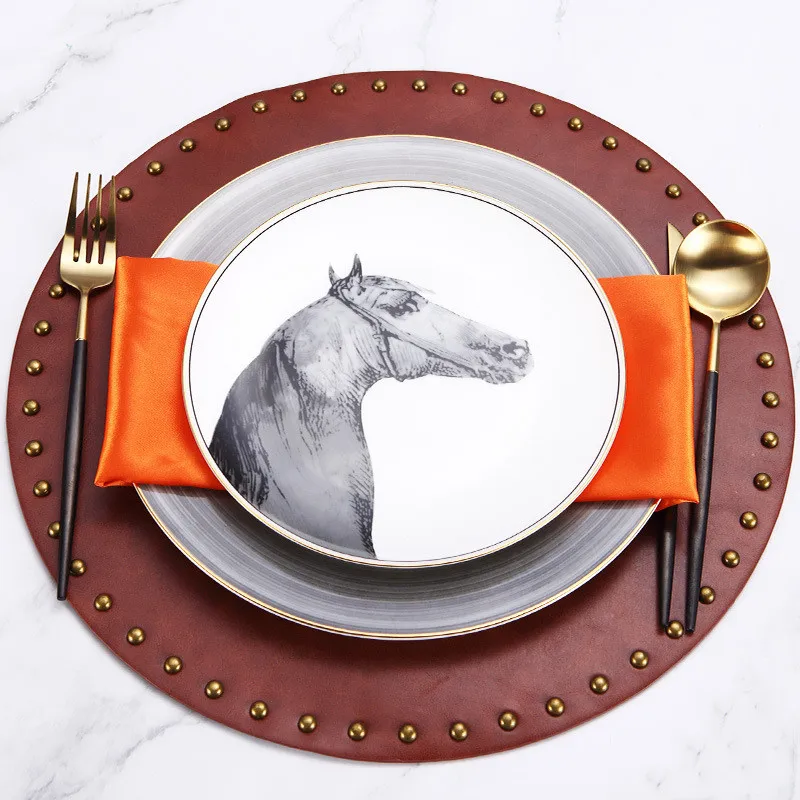 

2 pcs/set Horse dinner plates Bone china with brown leather mat Service plate set Table decor(not include napkin and cutlery)