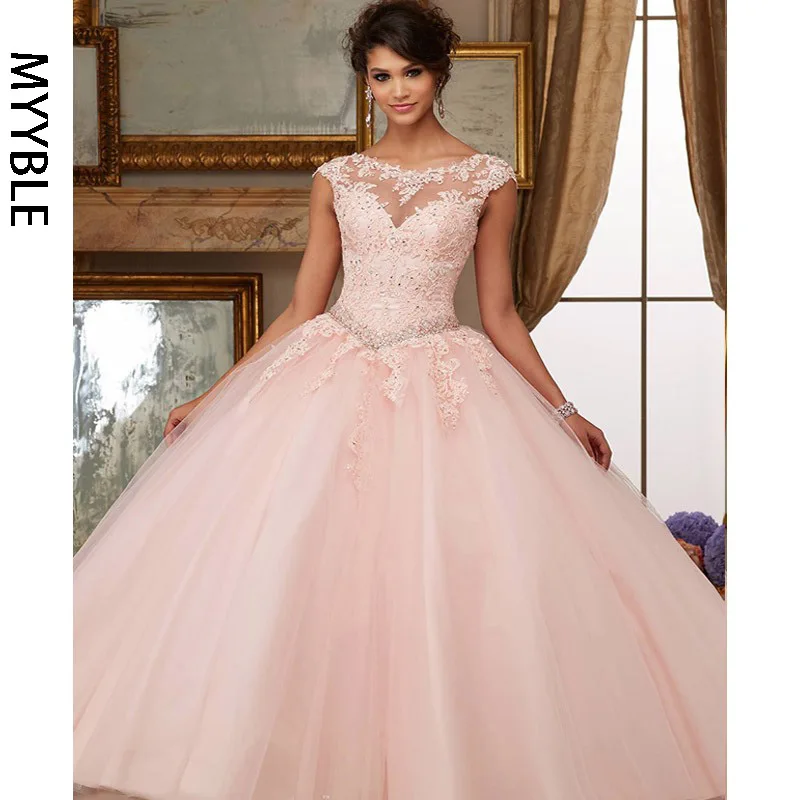 Rosa Puffy barato Quincea&ntilde;era vestidos vestido de baile mangas tul encaje cuentas cristales dulce 16 vestidos