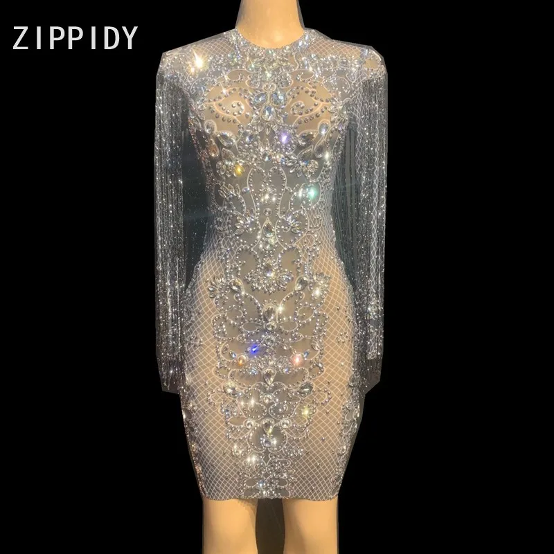 Черные кисточки стразы на сетчатой основе Прозрачное платье День рождения Празднование платье выпускного вечера наряд для женщин танцор шоу платье YOUDU