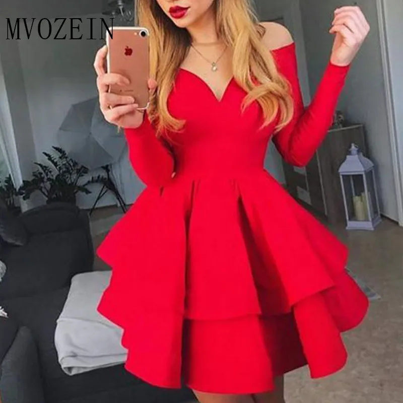 same as image Красные платья для выпускного вечера Короткие вечерние платья Vestido De Festido атласные трапециевидные с открытыми плечами рукава Выше Колена Выпускные платья - Цвет: same as image