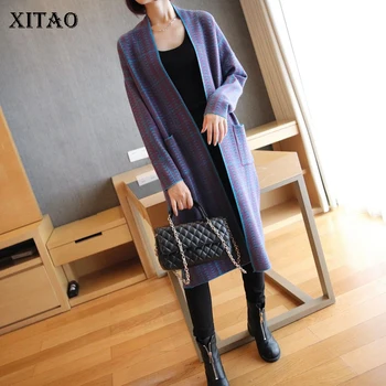 

XITAO Striped Casual Long Knitting Cardigan Women 2020 Spring Tide Fashion Korean Style New V Neck Collar Open Stitch DMY2257