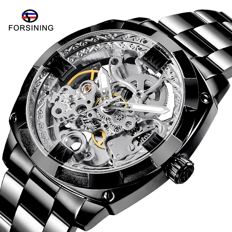 

Forsining Mechanical Watches Silver Skeleton Wristwatches black Steel Automatic Watches for Men Transparent Watch Relogio