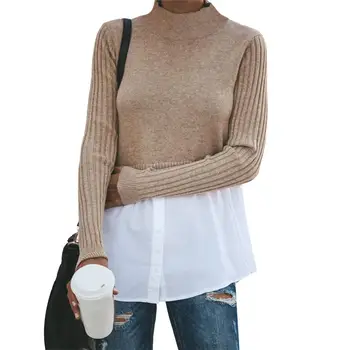 

Fashion Autumn Winter Sweater Shirt Women Pullover Long Sleeve Half high collar Patchwork Black Knitted Sweater Buttons S
