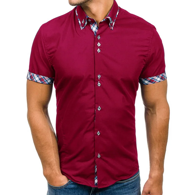 wine red Vogue Мужская рубашка популярная модная повседневная приталенная рубашка с коротким рукавом белого размера плюс однотонная верхняя одежда - Цвет: wine red