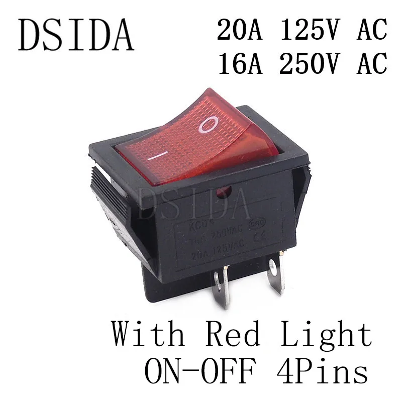 Red ON-OFF 4Pins KCD4 кулисный переключатель ВКЛ-ВЫКЛ двухсторонний 2 положения 4 контакта/6 контактов электрическое оборудование с выключатель света 16A 250VAC/20A 125VAC - Цвет: Red ON-OFF 4Pins