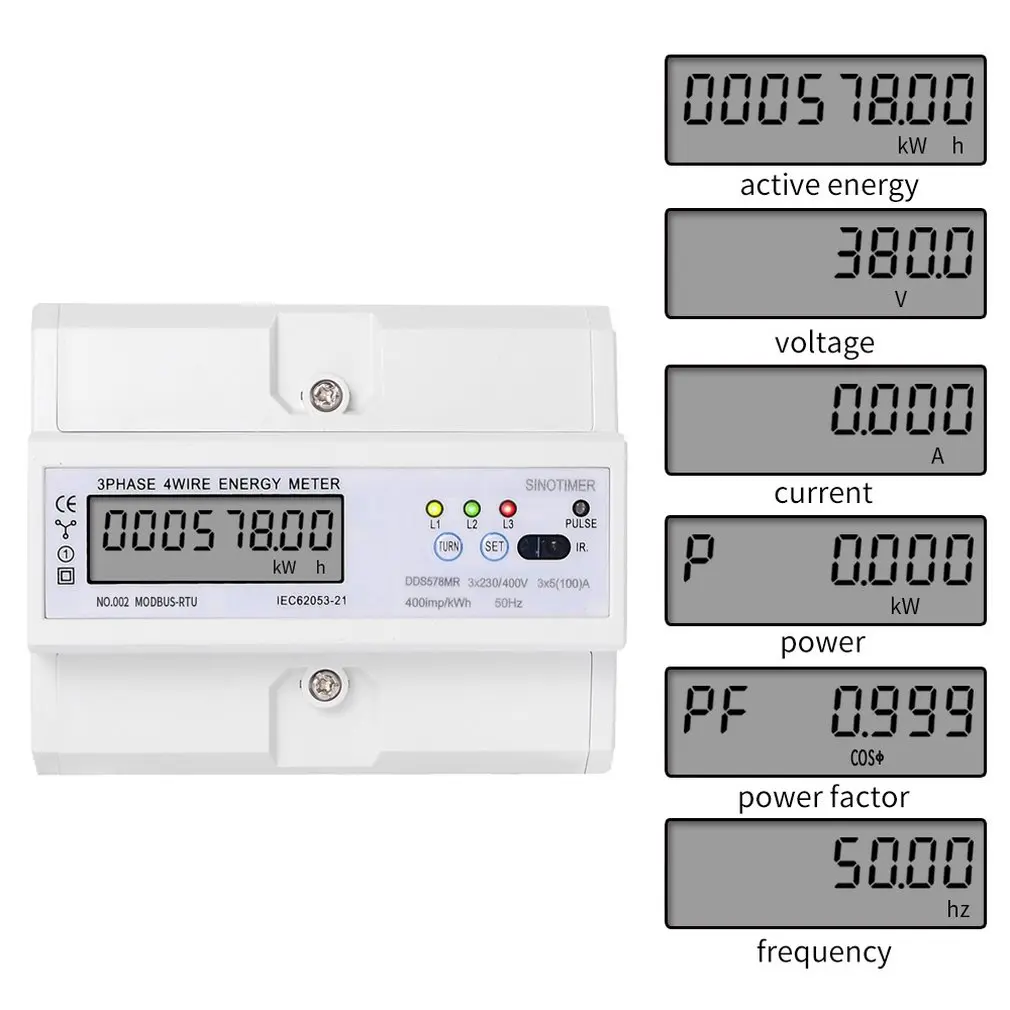 SINOTIMER RS485 Modbus Многофункциональный din-рейку 3 фазы 4 провода 7P ЖК-ваттметр электронный измеритель энергопотребления