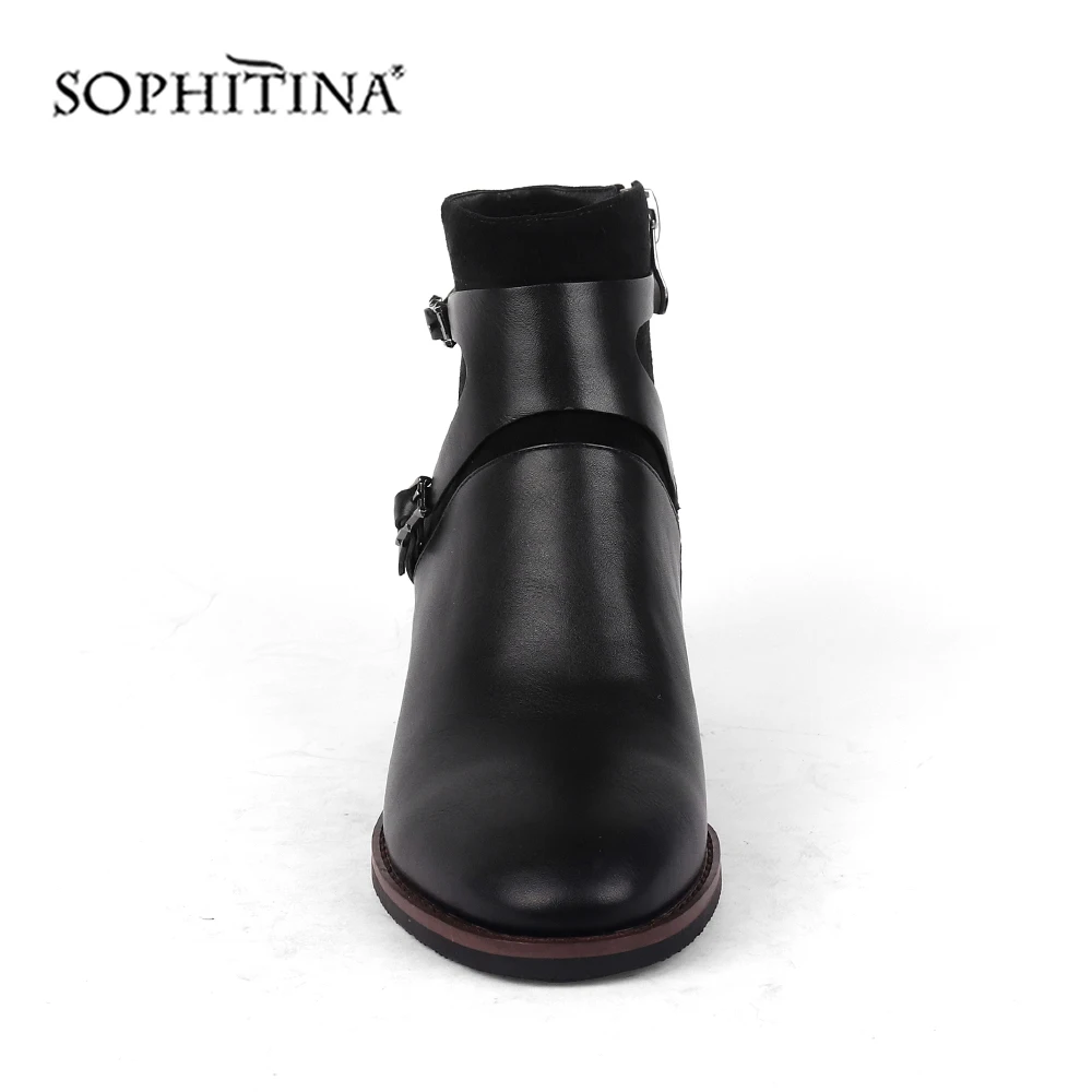 SOPHITINA Comfortable Buckle Boots Square Heel Round Toe Zipper Handmade Round Toe Fashion Shoes New Ankle Women's Boots BY141